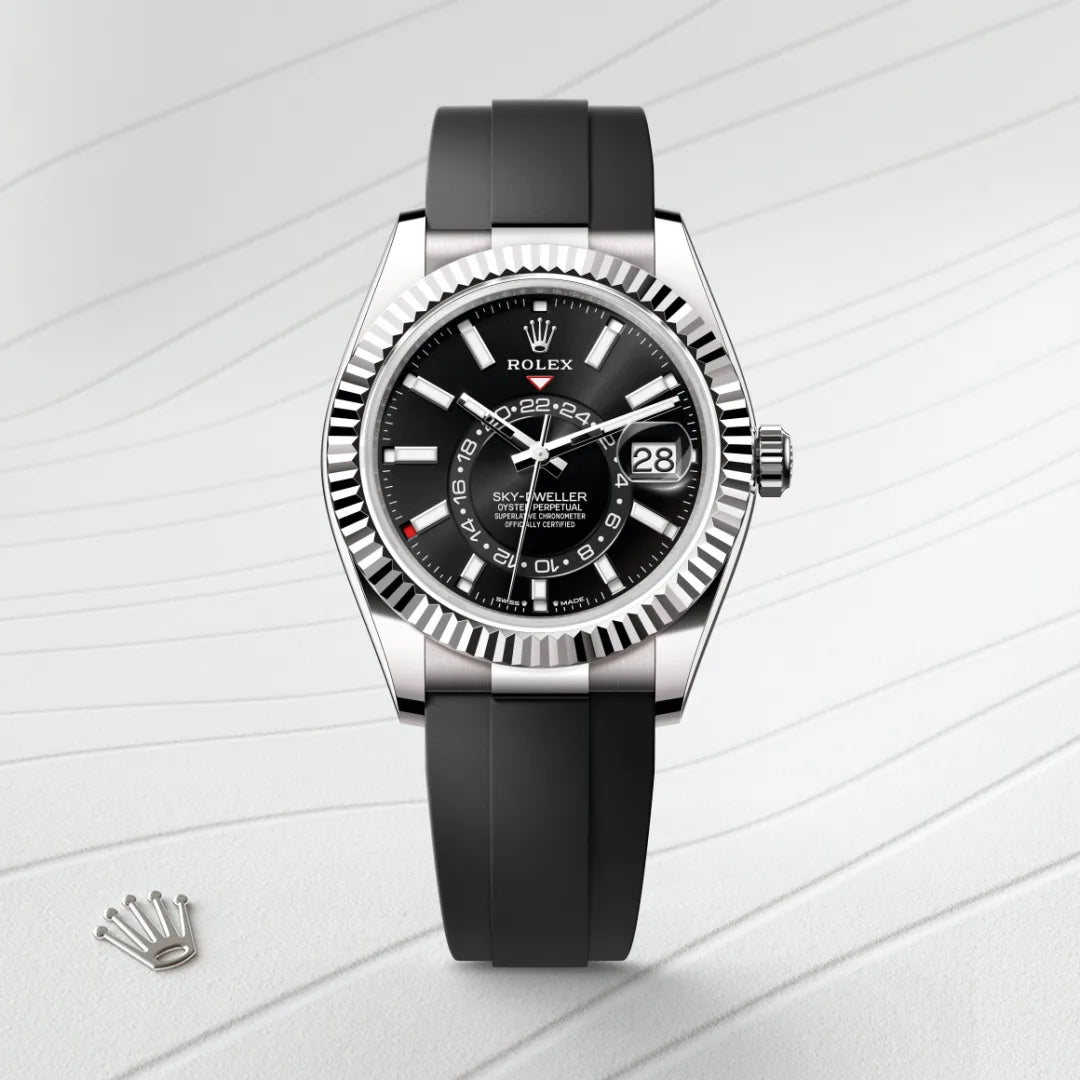 Rolex Sky-Dweller in 18 ct white gold with a Bright black dial, Fluted, bidirectional rotatable Rolex Ring Command bezel, Oysterflex bracelet