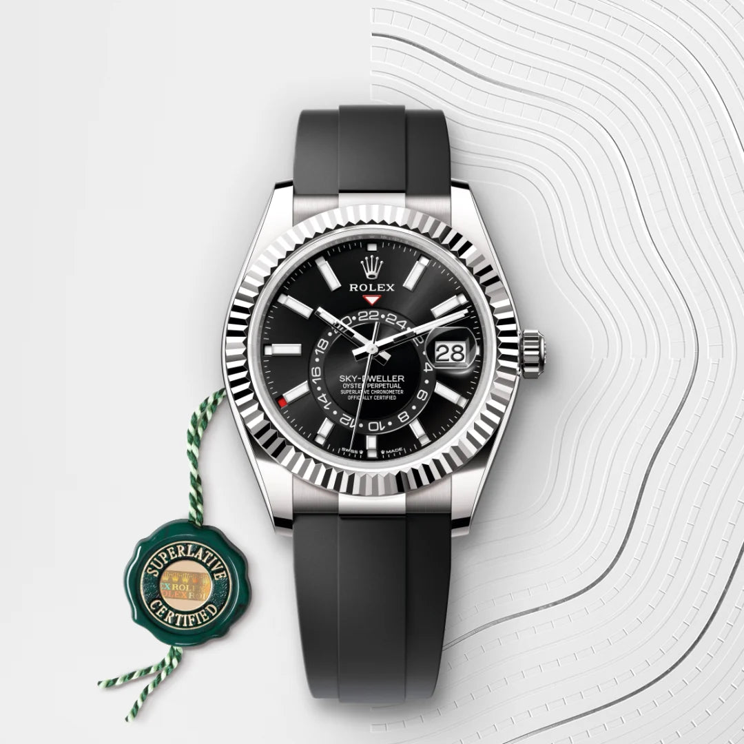 Rolex Sky-Dweller in 18 ct white gold with a Bright black dial, Fluted, bidirectional rotatable Rolex Ring Command bezel, Oysterflex bracelet