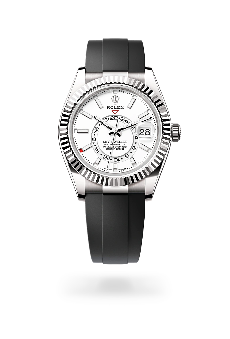 Rolex Sky-Dweller in 18 ct white gold with a Intense white dial, Fluted, bidirectional rotatable Rolex Ring Command bezel, Oysterflex bracelet
