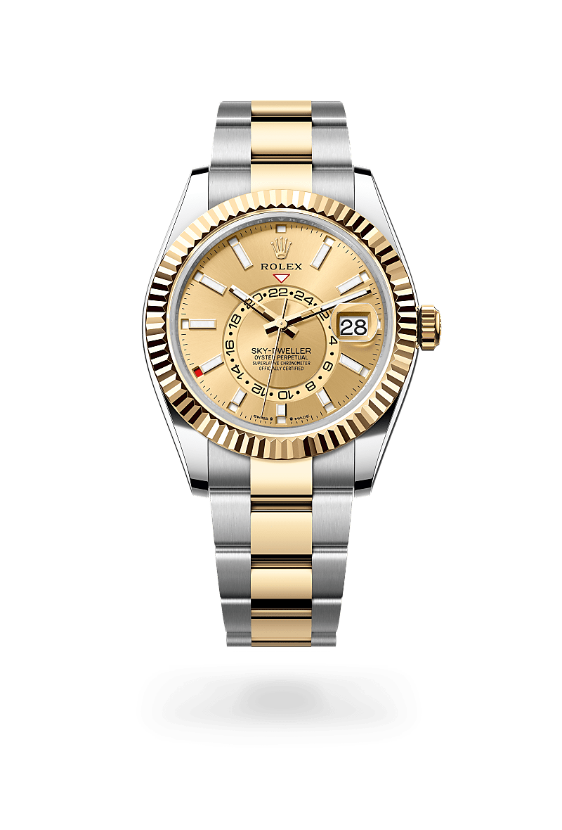Rolex Sky-Dweller in Yellow Rolesor - combination of Oystersteel and yellow gold with a Champagne-colour dial, Fluted, bidirectional rotatable Rolex Ring Command bezel, Oyster, three-piece solid links bracelet