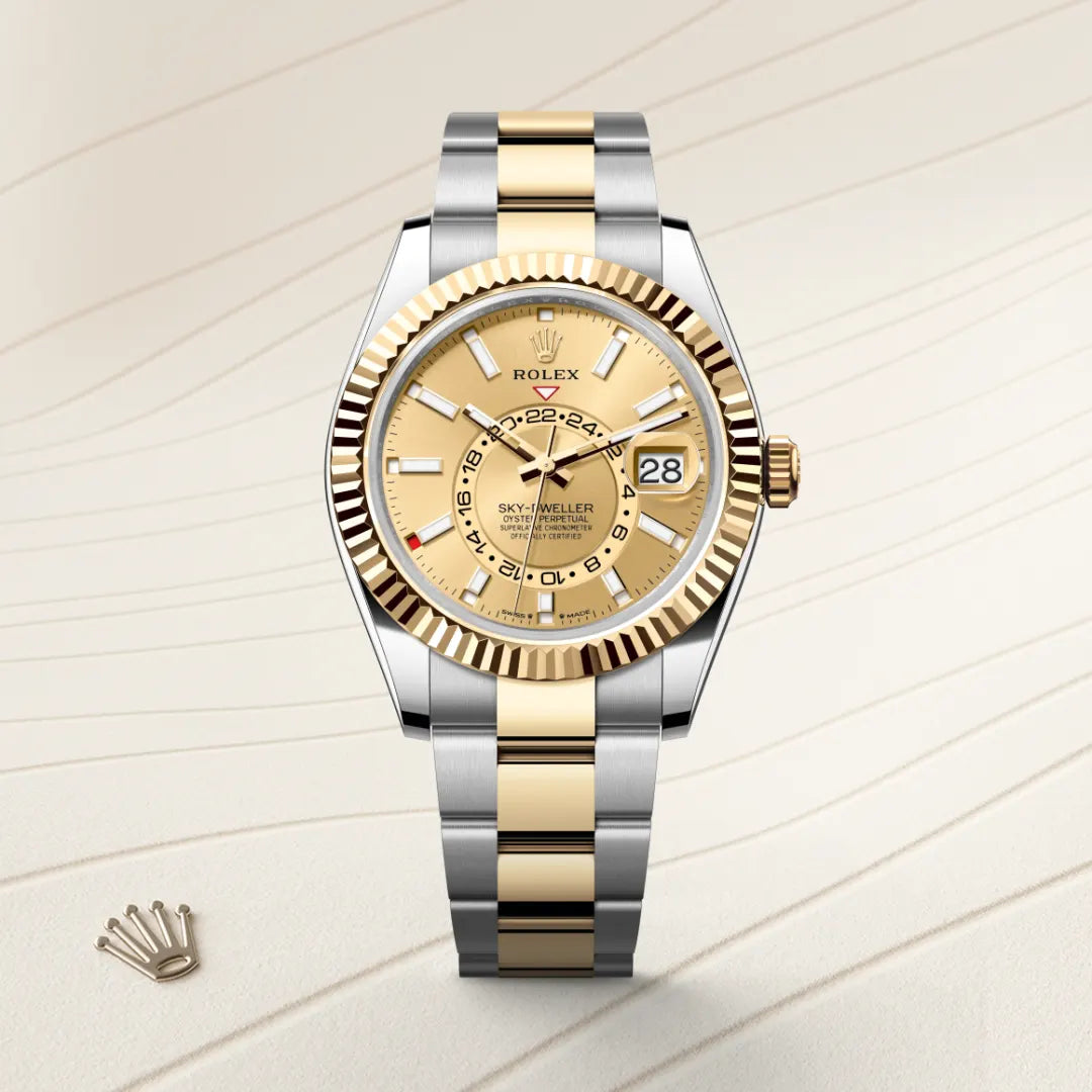 Rolex Sky-Dweller in Yellow Rolesor - combination of Oystersteel and yellow gold with a Champagne-colour dial, Fluted, bidirectional rotatable Rolex Ring Command bezel, Oyster, three-piece solid links bracelet