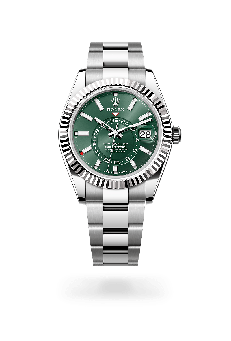 Rolex Sky-Dweller in White Rolesor - combination of Oystersteel and white gold with a Mint green dial, Fluted, bidirectional rotatable Rolex Ring Command bezel, Oyster, three-piece solid links bracelet