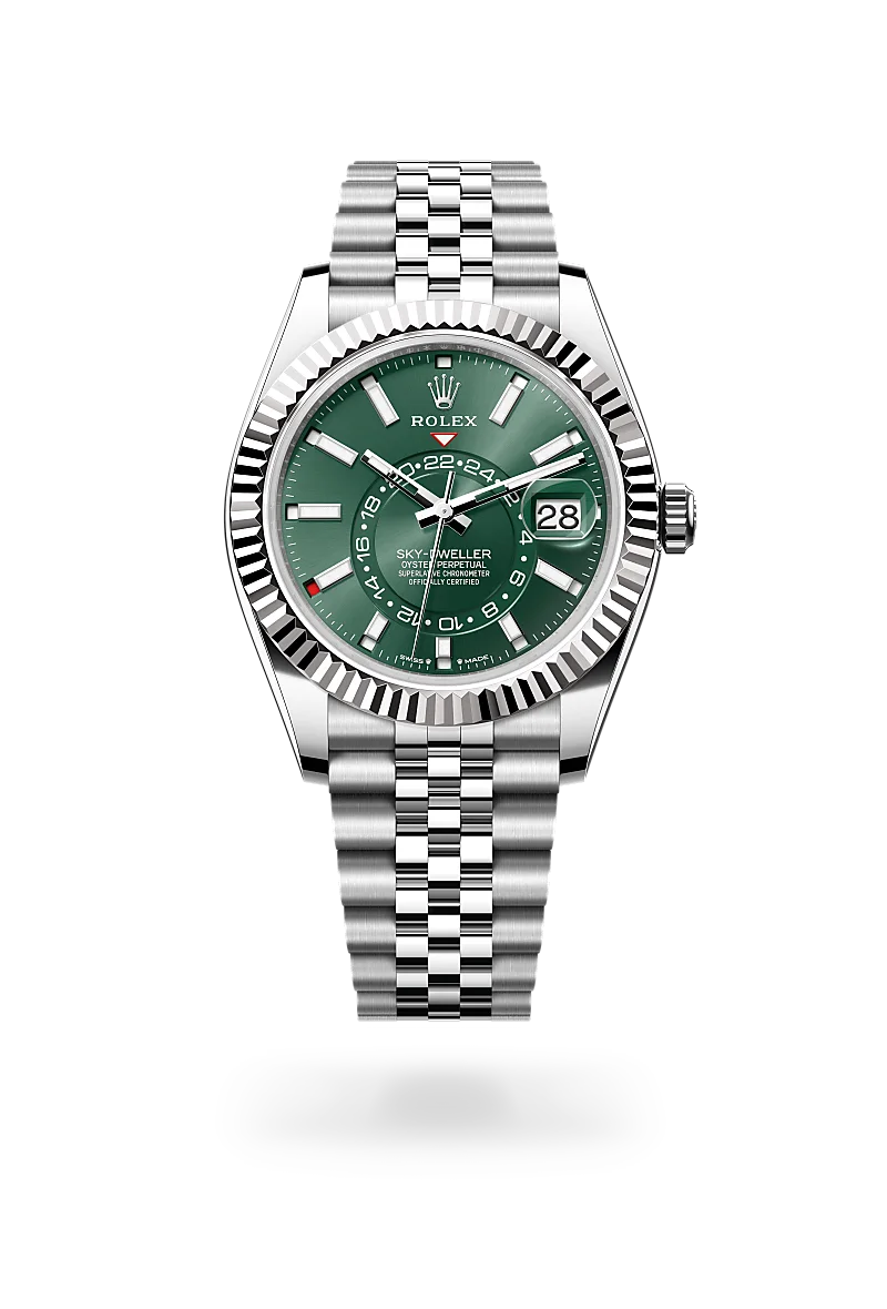 Rolex Sky-Dweller in White Rolesor - combination of Oystersteel and white gold with a Mint green dial, Fluted, bidirectional rotatable Rolex Ring Command bezel, Jubilee, five-piece links bracelet