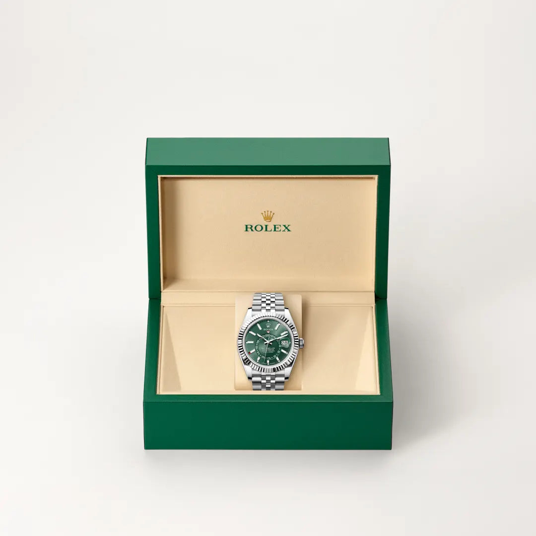 Rolex Sky-Dweller in White Rolesor - combination of Oystersteel and white gold with a Mint green dial, Fluted, bidirectional rotatable Rolex Ring Command bezel, Jubilee, five-piece links bracelet
