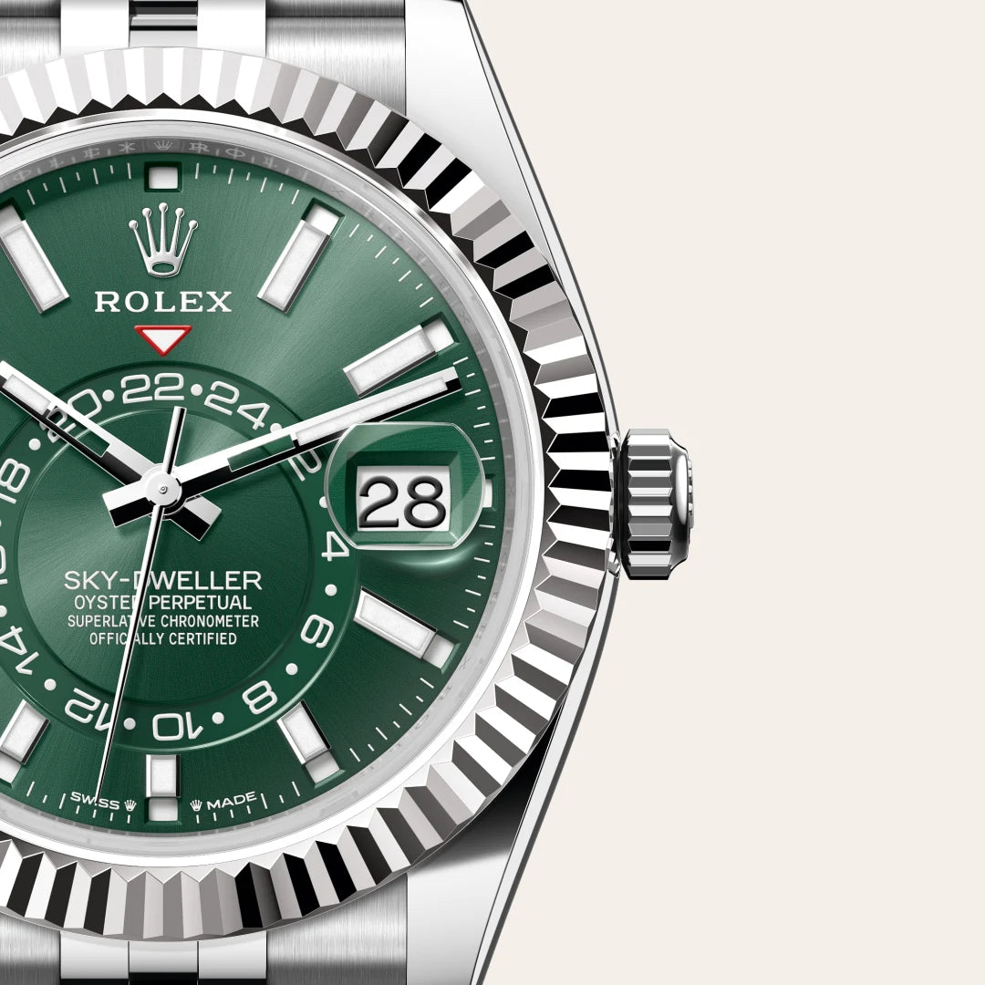 Rolex Sky-Dweller in White Rolesor - combination of Oystersteel and white gold with a Mint green dial, Fluted, bidirectional rotatable Rolex Ring Command bezel, Jubilee, five-piece links bracelet