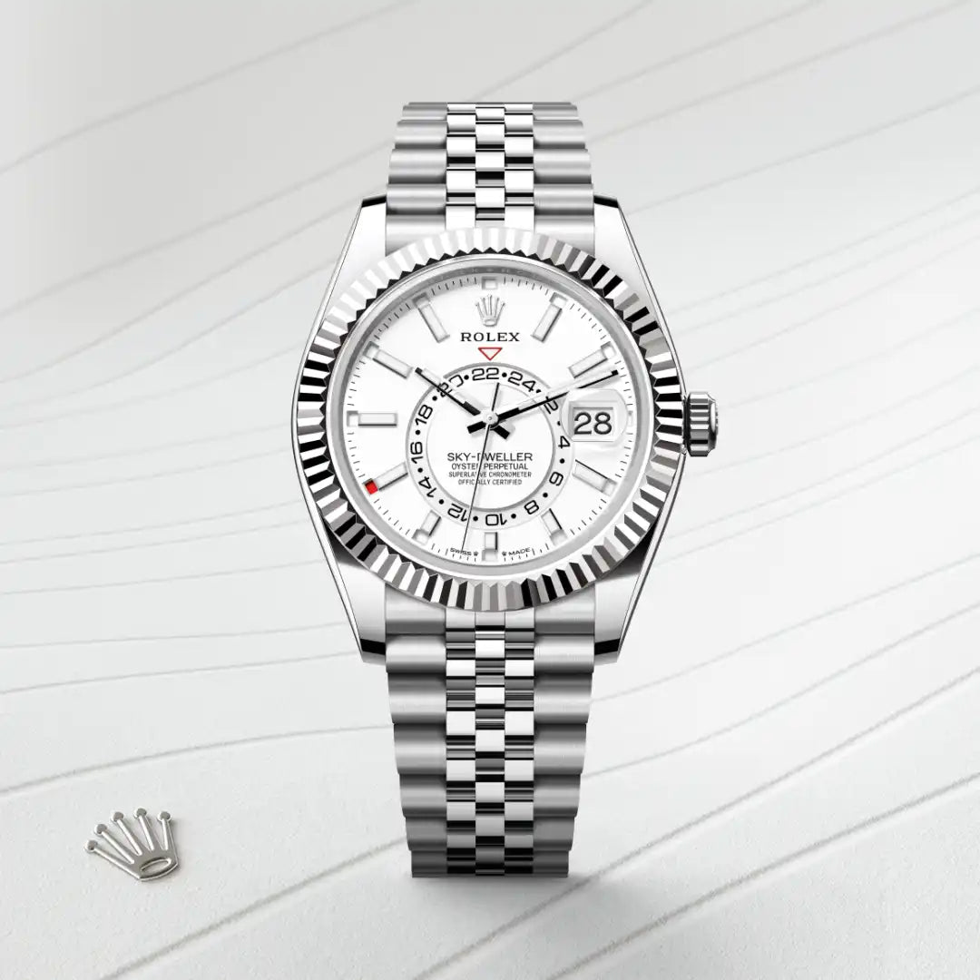 Rolex Sky-Dweller in White Rolesor - combination of Oystersteel and white gold with a Intense white dial, Fluted, bidirectional rotatable Rolex Ring Command bezel, Jubilee, five-piece links bracelet