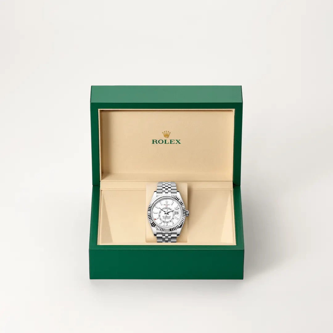 Rolex Sky-Dweller in White Rolesor - combination of Oystersteel and white gold with a Intense white dial, Fluted, bidirectional rotatable Rolex Ring Command bezel, Jubilee, five-piece links bracelet