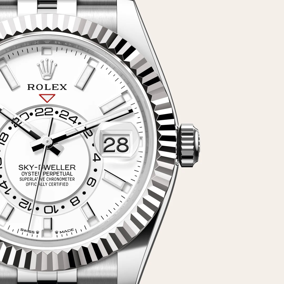 Rolex Sky-Dweller in White Rolesor - combination of Oystersteel and white gold with a Intense white dial, Fluted, bidirectional rotatable Rolex Ring Command bezel, Jubilee, five-piece links bracelet