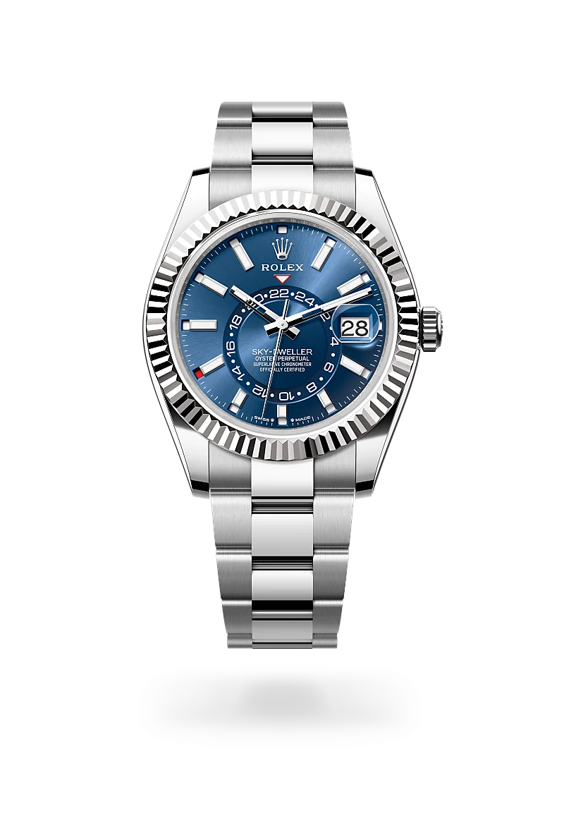 Rolex Sky-Dweller in White Rolesor - combination of Oystersteel and white gold with a Bright blue dial, Fluted, bidirectional rotatable Rolex Ring Command bezel, Oyster, three-piece solid links bracelet