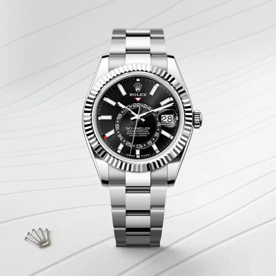 Rolex Sky-Dweller in White Rolesor - combination of Oystersteel and white gold with a Bright black dial, Fluted, bidirectional rotatable Rolex Ring Command bezel, Oyster, three-piece solid links bracelet