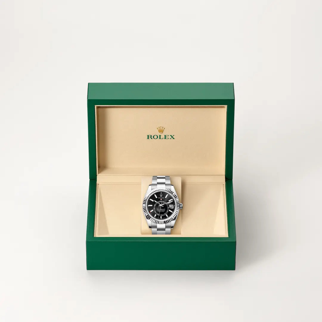 Rolex Sky-Dweller in White Rolesor - combination of Oystersteel and white gold with a Bright black dial, Fluted, bidirectional rotatable Rolex Ring Command bezel, Oyster, three-piece solid links bracelet