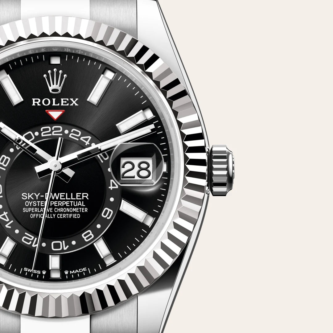 Rolex Sky-Dweller in White Rolesor - combination of Oystersteel and white gold with a Bright black dial, Fluted, bidirectional rotatable Rolex Ring Command bezel, Oyster, three-piece solid links bracelet