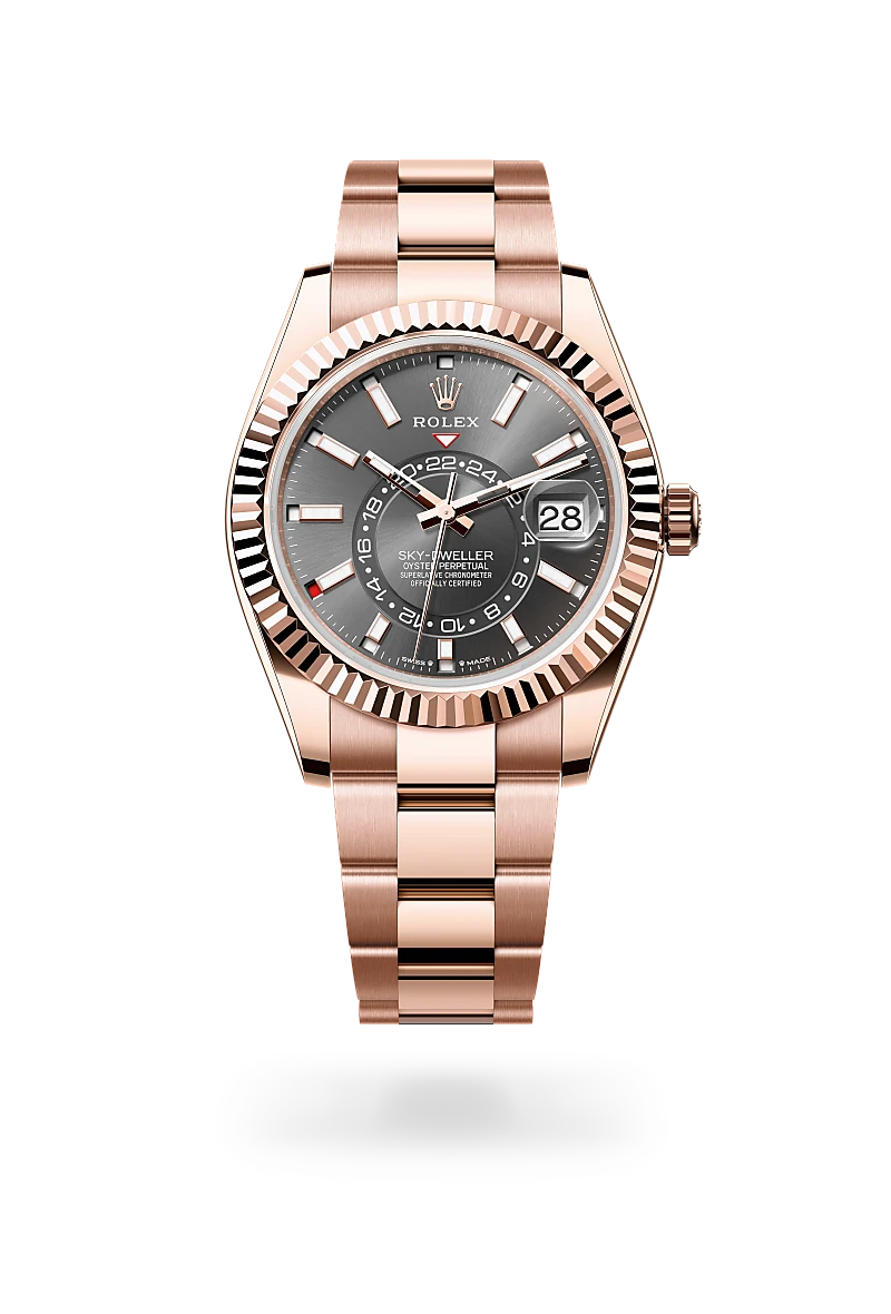 Rolex Sky-Dweller in 18 ct Everose gold with a Slate dial, Fluted, bidirectional rotatable Rolex Ring Command bezel, Oyster, three-piece solid links bracelet