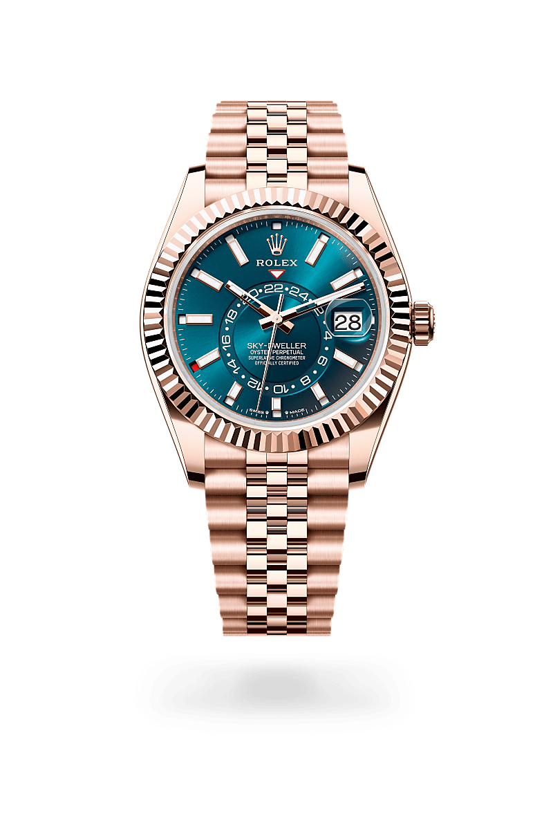 Rolex Sky-Dweller in 18 ct Everose gold with a Blue-green dial, Fluted, bidirectional rotatable Rolex Ring Command bezel, Jubilee, five-piece links bracelet