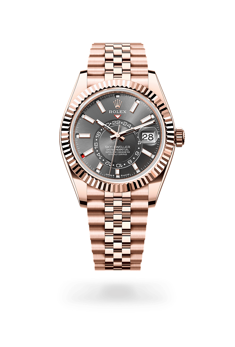 Rolex Sky-Dweller in 18 ct Everose gold with a Slate dial, Fluted, bidirectional rotatable Rolex Ring Command bezel, Jubilee, five-piece links bracelet