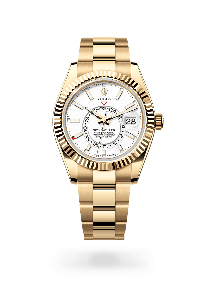Rolex Sky-Dweller in 18 ct yellow gold with a Intense white dial, Fluted, bidirectional rotatable Rolex Ring Command bezel, Oyster, three-piece solid links bracelet