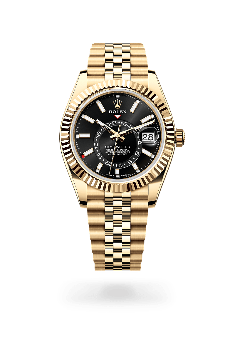 Rolex Sky-Dweller in 18 ct yellow gold with a Bright black dial, Fluted, bidirectional rotatable Rolex Ring Command bezel, Jubilee, five-piece links bracelet