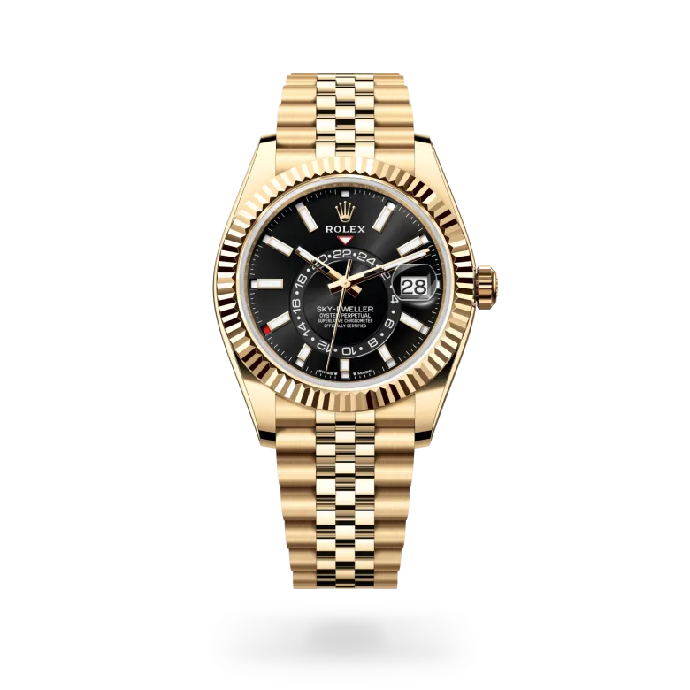 Rolex Sky-Dweller in 18 ct yellow gold with a Bright black dial, Fluted, bidirectional rotatable Rolex Ring Command bezel, Jubilee, five-piece links bracelet