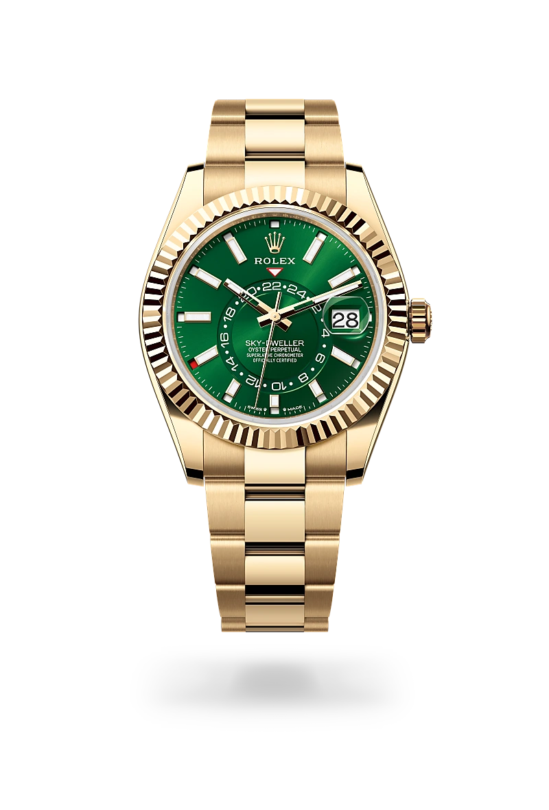 Rolex Sky-Dweller in 18 ct yellow gold with a Bright green dial, Fluted, bidirectional rotatable Rolex Ring Command bezel, Oyster, three-piece solid links bracelet