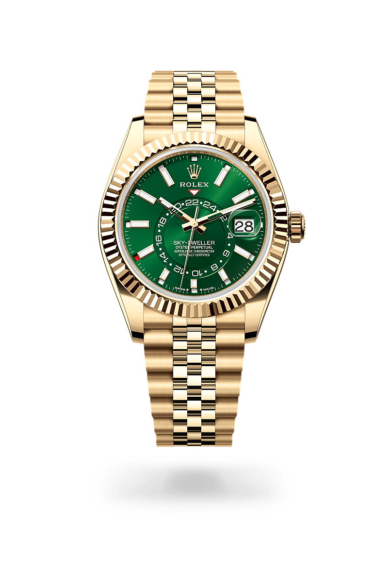 Rolex Sky-Dweller in 18 ct yellow gold with a Bright green dial, Fluted, bidirectional rotatable Rolex Ring Command bezel, Jubilee, five-piece links bracelet