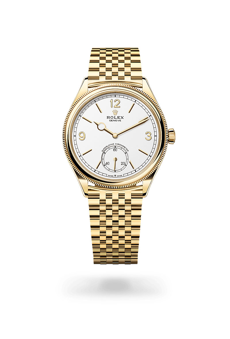 Rolex 1908 in 18 ct yellow gold with a Intense white dial, Domed and fluted bezel, Settimo, seven-piece solid links bracelet