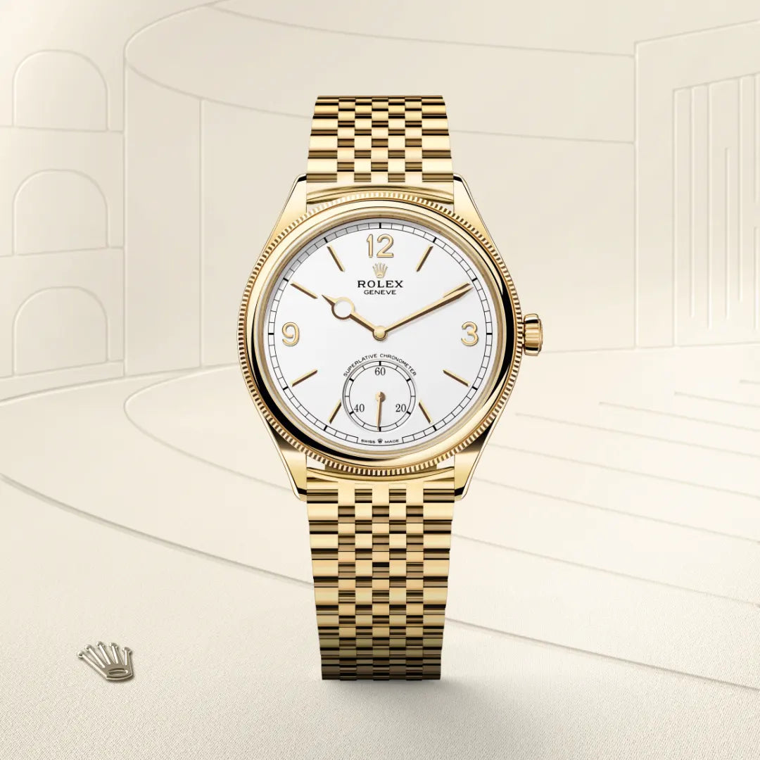 Rolex 1908 in 18 ct yellow gold with a Intense white dial, Domed and fluted bezel, Settimo, seven-piece solid links bracelet