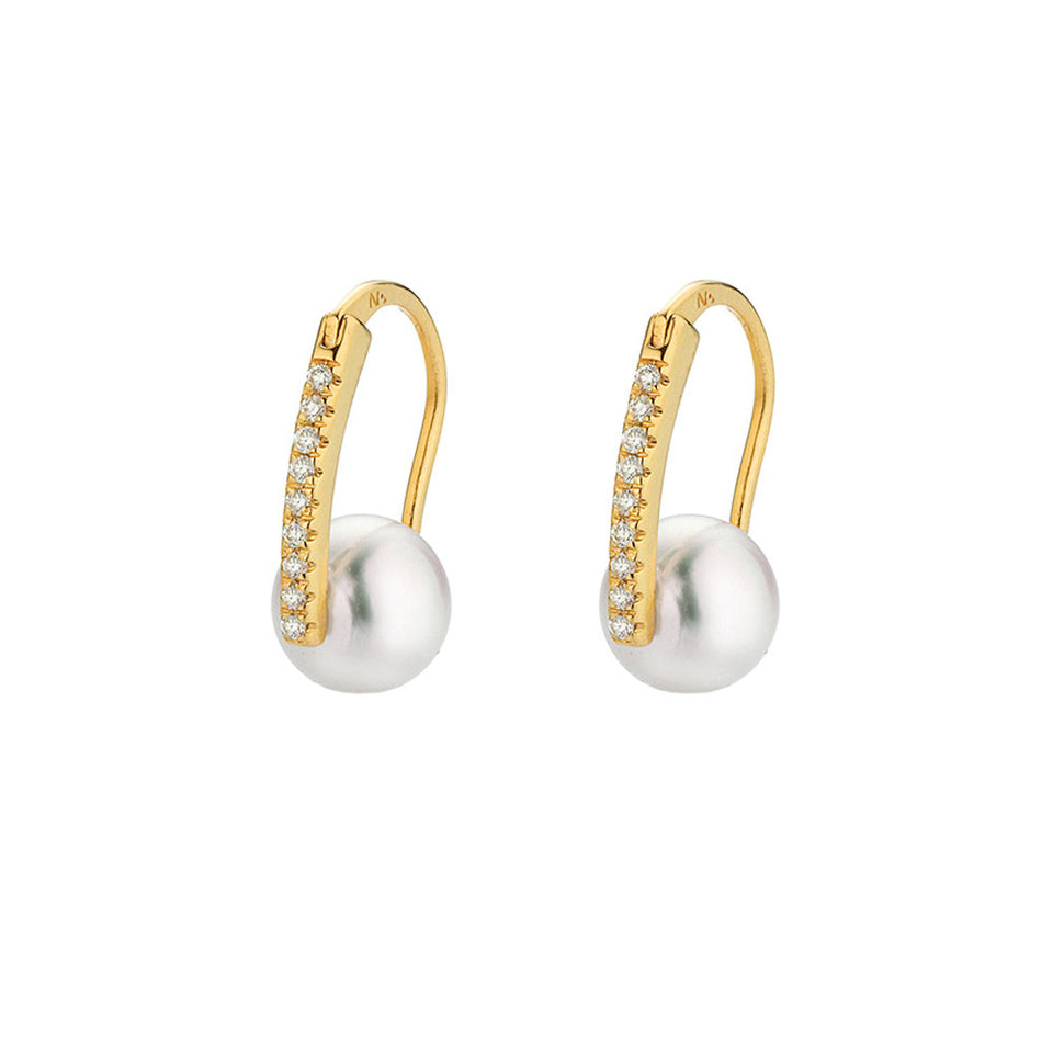 18ct Yellow Gold Diamond Akoya Pearl Hoop Earrings at David M Robinson