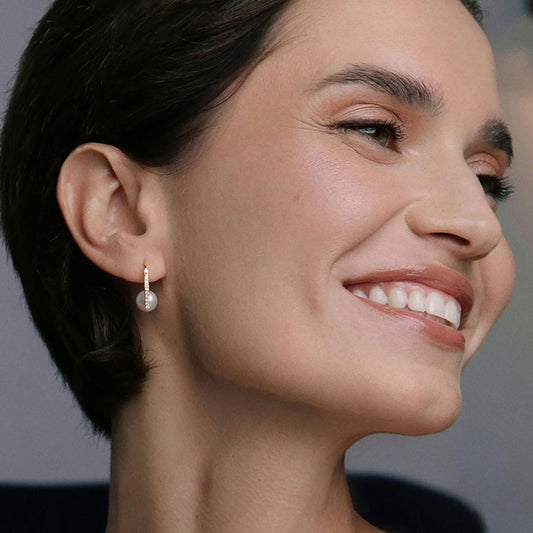 18ct Yellow Gold Diamond Akoya Pearl Hoop Earrings at David M Robinson