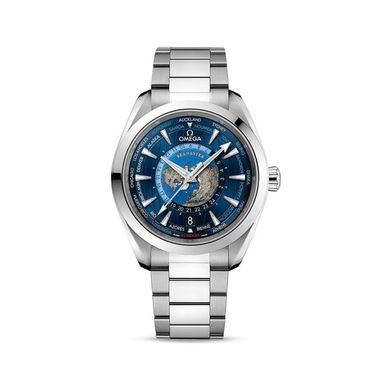 OMEGA Seamaster Aqua Terra 150M Worldtimer 43mm Watch O22010432203001 at DMR and the OMEGA Boutique Liverpool